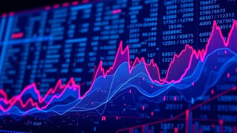 A photorealistic image of abstract digital graphs depicting extreme market volatility, with sharp peaks and valleys, against a backdrop of glowing blockchain code. The graphs are rendered in vibrant blues and reds, showing sudden drops, with a faint, almost ethereal glow around the data points, cinematic lighting, sharp focus on the central graph, depth of field blurring the background, 8K hyper-detailed, professional photography, shot on a high-end DSLR.