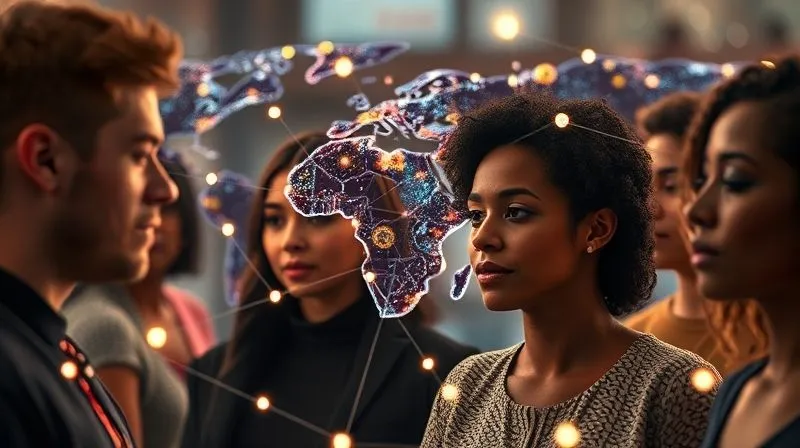 A photorealistic image of diverse individuals from around the world connected by glowing digital lines, forming a resilient network, with a subtle blockchain motif in the background. Cinematic lighting, sharp focus on the connected individuals, depth of field, 8K hyper-detailed, professional photography, shot on a high-end DSLR.
