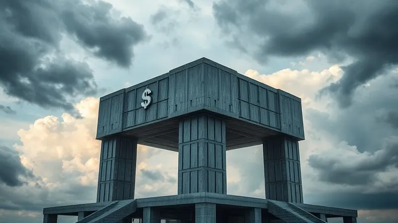 A photorealistic image of a futuristic, robust architectural structure standing firm against a backdrop of clearing storm clouds, with a digital currency symbol subtly integrated into its design. Cinematic lighting, sharp focus on the structure, depth of field, 8K hyper-detailed, professional photography, shot on a high-end DSLR.