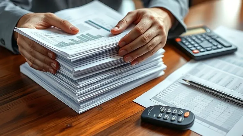 photorealistic, professional photography, 8K, cinematic lighting, sharp focus, depth of field, shot on a high-end DSLR. A person's hands meticulously organizing a stack of diverse financial documents and loan statements, with a calculator and a spreadsheet visible on a polished wooden desk, symbolizing financial clarity and organization.
