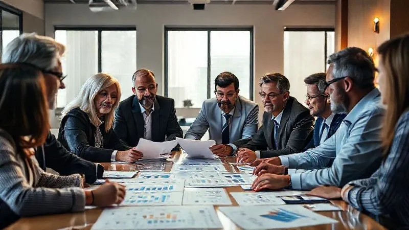 A photorealistic, professional photography, 8K, cinematic lighting, sharp focus, depth of field, shot on a high-end DSLR, showing a diverse group of business owners and financial advisors in a collaborative meeting around a large table, reviewing financial charts and documents. The atmosphere is one of focused problem-solving and shared expertise, with warm, inviting light.