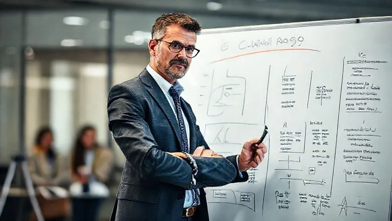A photorealistic, professional photography, 8K, cinematic lighting, sharp focus, depth of field, shot on a high-end DSLR, depicting a determined business leader standing confidently at a large whiteboard, sketching out a strategic recovery plan with clear, decisive strokes. The leader's expression is resolute, and in the blurred background, a small, engaged team looks on, reflecting collective focus and hope.