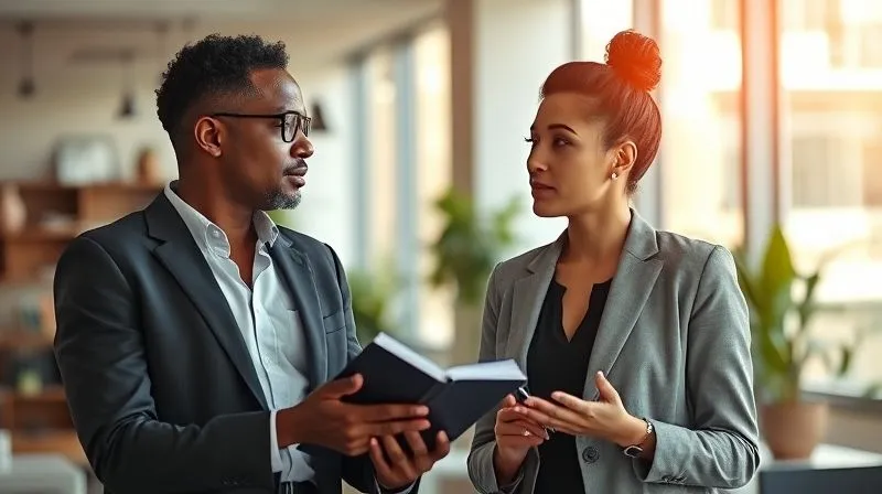 photorealistic, professional photography, 8K, cinematic lighting, sharp focus, depth of field, shot on a high-end DSLR. Two diverse business professionals engaged in an empathetic and focused conversation in a modern, sunlit office. One is actively listening, notebook open, while the other speaks with genuine expression, symbolizing effective communication and tailored incentives.