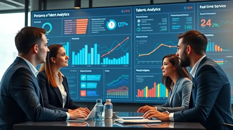 photorealistic, professional photography, 8K, cinematic lighting, sharp focus, depth of field, shot on a high-end DSLR. A diverse team of business professionals collaboratively analyzing a large digital dashboard showing real-time talent analytics, market trends, and risk assessment metrics. The atmosphere is focused and proactive, with subtle hints of strategic planning.