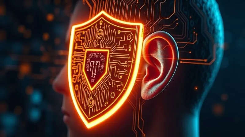 A photorealistic image of a glowing, intricate digital shield protecting a stylized human ear from fragmented, pixelated sound waves. The shield has circuit board patterns. Cinematic lighting, sharp focus on the shield and ear, depth of field. 8K hyper-detailed, professional photography, shot on a high-end DSLR.