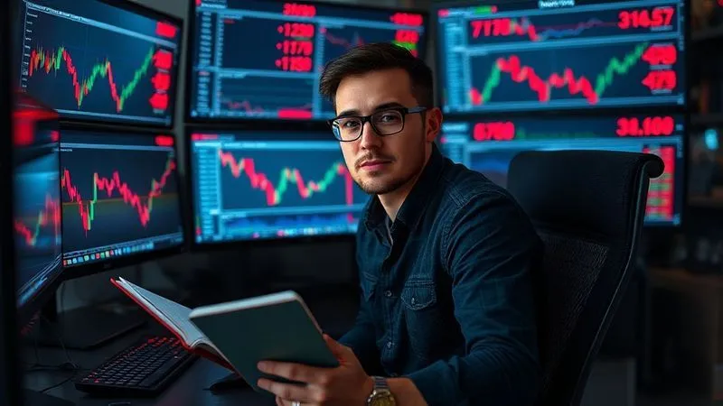 A photorealistic image of a person sitting in front of multiple computer screens displaying volatile crypto charts, with a look of calm focus and resilience despite the red numbers. The person is holding a physical notebook, symbolizing a pre-defined plan. The lighting is slightly dramatic, highlighting the emotional challenge. photorealistic, professional photography, 8K, cinematic lighting, sharp focus, depth of field, shot on a high-end DSLR, conveying emotional control in trading.