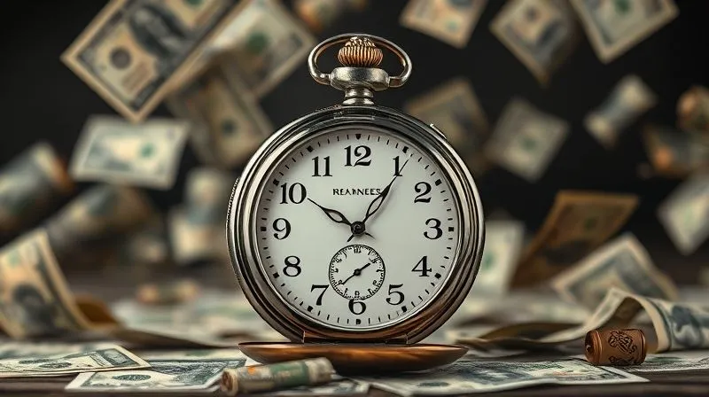 A photorealistic image of a vintage pocket watch ticking backwards, with falling currency notes in the background, conveying a sense of economic reversal and loss of value. Professional photography, 8K, cinematic lighting, sharp focus, depth of field, shot on a high-end DSLR.