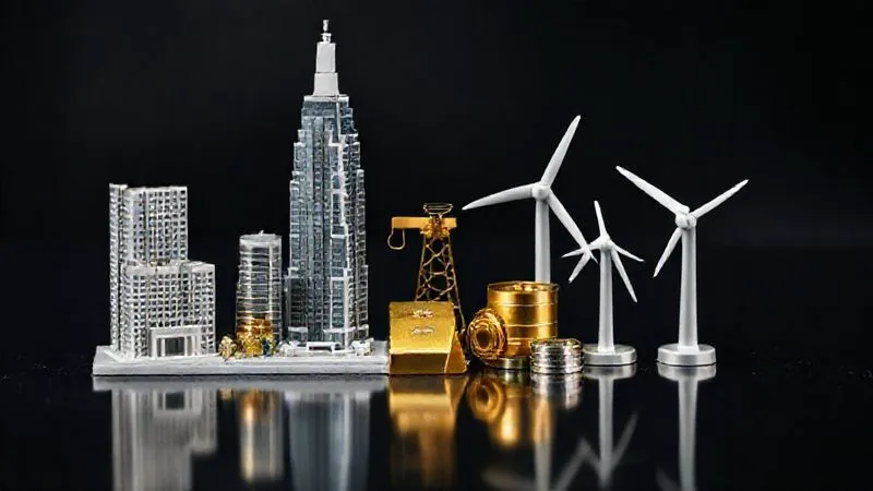 A photorealistic, professional photography, 8K image showing a diverse array of assets: a miniature skyscraper representing real estate, a gold bar, an oil barrel, and a wind turbine, all arranged on a polished black surface under cinematic lighting, sharp focus, depth of field blurring the background, shot on a high-end DSLR, conveying stability and protection.