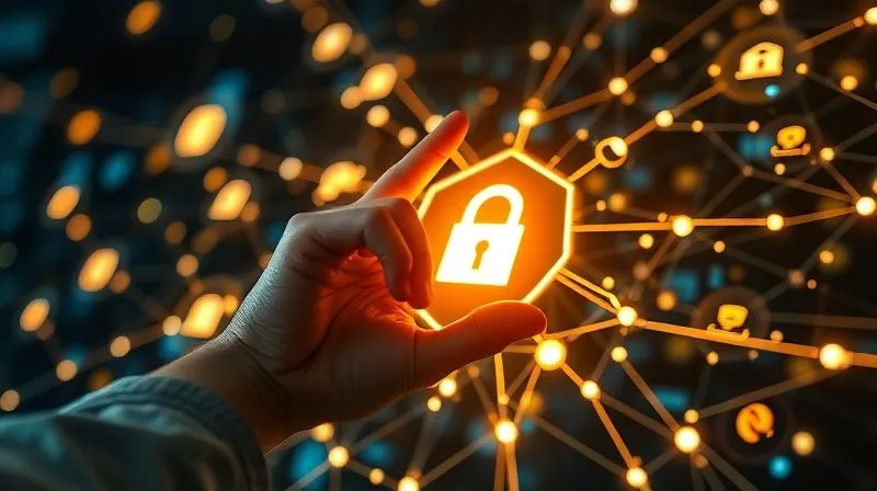 A photorealistic, professional photography, 8K, cinematic lighting, sharp focus, depth of field, shot on a high-end DSLR, depicting a person's hand hovering over a glowing, intricate digital network, with various cybersecurity icons (shield, lock, firewall) appearing as protective layers around the network, symbolizing human vigilance and informed decision-making in digital security.