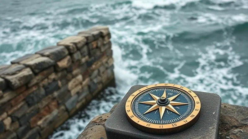 A photorealistic image of a weathered, ancient stone wall standing firm against turbulent, storm-tossed ocean waves, symbolizing protection against financial crises. In the foreground, a finely crafted compass points steadily, representing prudent portfolio navigation. Professional photography, 8K, cinematic lighting, sharp focus on the wall and compass, depth of field blurring the tumultuous sea, shot on a high-end DSLR.