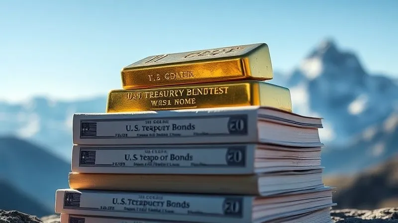 A photorealistic image of a gleaming gold bar resting securely on a stack of U.S. Treasury bonds, with the Swiss Alps visible in the blurred background under a clear, calm sky. Professional photography, 8K, cinematic lighting, sharp focus on the gold and bonds, depth of field blurring the distant mountains, shot on a high-end DSLR.