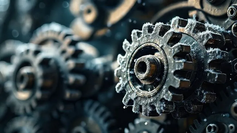 A photorealistic image depicting a global economy represented by interconnected gears slowly grinding to a halt, with frost forming on the edges, cinematic lighting, 8K, sharp focus, depth of field blurring the background, shot on a high-end DSLR, conveying economic slowdown and deflationary pressures.