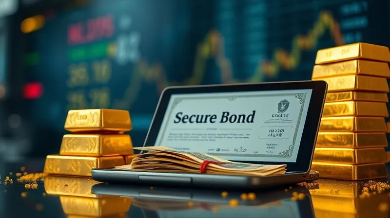 photorealistic, professional photography, 8K, cinematic lighting, sharp focus on a stack of gleaming gold bars next to a small pile of crisp currency notes and a secure, digital bond certificate on a tablet, depth of field blurring a stormy market background, symbolizing safe haven assets during financial turmoil, shot on a high-end DSLR.