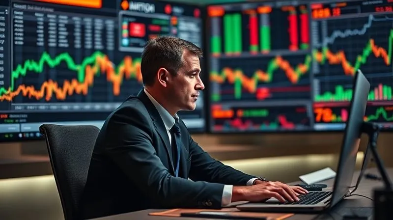 photorealistic, professional photography, 8K, cinematic lighting, sharp focus on a calm, composed investor sitting at a desk, looking confidently at a complex financial dashboard displaying volatile market data, symbolizing psychological resilience and disciplined decision-making amidst financial turmoil, shot on a high-end DSLR.