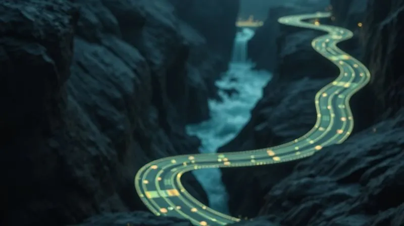 Photorealistic, professional photography, 8K, cinematic lighting, sharp focus, depth of field, shot on a high-end DSLR. A winding, illuminated pathway or bridge made of financial graphs and currency, stretching across a dark, turbulent chasm, symbolizing the journey to liquidity and financial stability. Sharp focus on the path, with blurred rocky edges of the chasm.