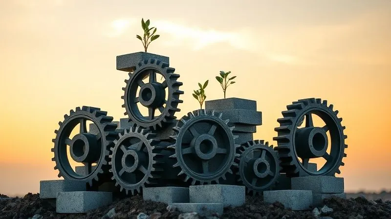 Photorealistic, professional photography, 8K, cinematic lighting, sharp focus, depth of field, shot on a high-end DSLR. A sturdy, intricately built financial foundation made of interlocking gears and strong concrete blocks, with small, vibrant green shoots of new growth emerging from the top, symbolizing resilience and future prosperity after overcoming a financial challenge. The background is a soft, optimistic dawn sky.