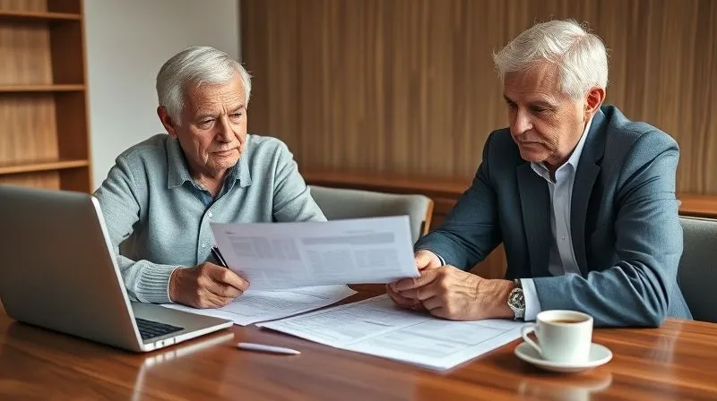 A photorealistic, professional photography, 8K, cinematic lighting, sharp focus, depth of field, shot on a high-end DSLR, depicting a thoughtful senior couple reviewing financial documents and a laptop with a calm, reassuring financial advisor. They are seated at a polished wooden desk, with a pen poised over a statement, and a cup of tea nearby. The scene is bright and optimistic, emphasizing clarity, professional guidance, and proactive financial planning for a secure future.