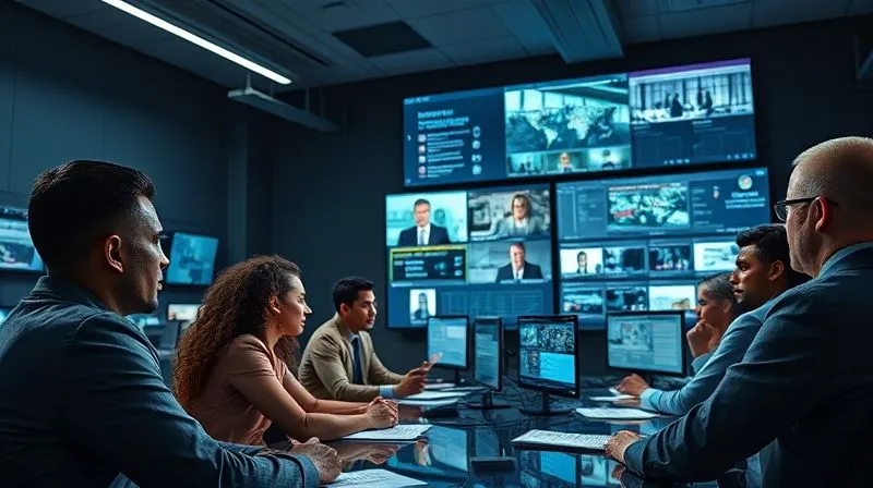 A photorealistic image of a diverse crisis management team in a modern control room, intently focused on multiple screens displaying news feeds, social media analytics, and communication strategies. The atmosphere is tense but professional, with cinematic blue and white lighting. Shot on a high-end DSLR, 8K, sharp focus on the team and screens.
