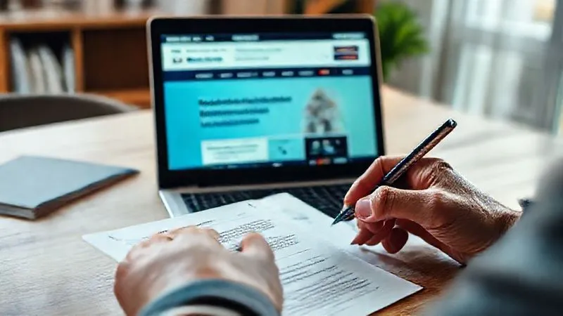 photorealistic, professional photography, 8K, cinematic lighting, sharp focus, depth of field, shot on a high-end DSLR. A person's hands carefully filling out a detailed complaint form, with a laptop open in the background displaying the website of a financial ombudsman service, highlighting the formal process of escalation.