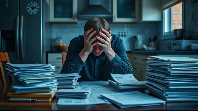 A photorealistic image of a person sitting at a kitchen table, head in hands, surrounded by stacks of bills and legal documents, reflecting financial distress. The lighting is dim and emphasizes the feeling of being overwhelmed. professional photography, 8K, cinematic lighting, sharp focus, depth of field, shot on a high-end DSLR.
