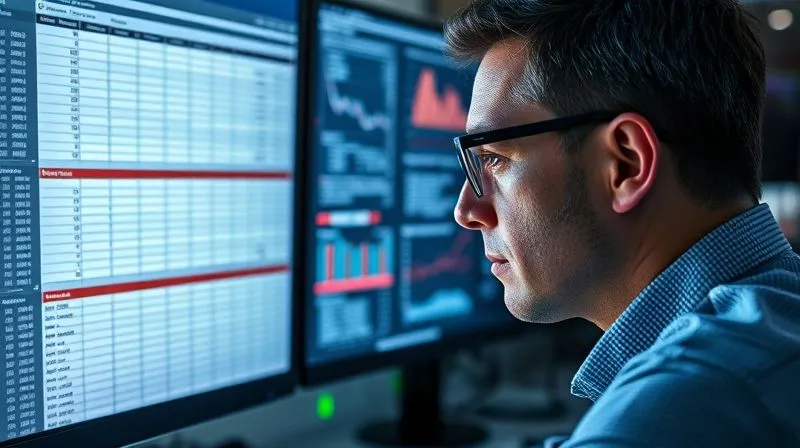 A photorealistic image of a data analyst intently studying a complex spreadsheet on multiple monitors, filled with HMDA data points, geographic codes, and loan outcomes. Charts and graphs are visible, highlighting disparities. The analyst is wearing glasses, with a focused expression. Professional photography, 8K, cinematic lighting, sharp focus on the screens and the analyst's face, depth of field blurring the background, shot on a high-end DSLR. The atmosphere is meticulous and intellectual.