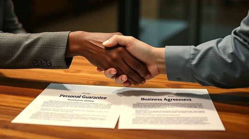A photorealistic image of a business owner shaking hands with a lender across a table, with a subtle glow around a document labeled 'Personal Guarantee' and another labeled 'Business Loan Agreement', symbolizing the balance of personal risk and business opportunity, cinematic lighting, sharp focus, depth of field, 8K hyper-detailed, professional photography, shot on a high-end DSLR.