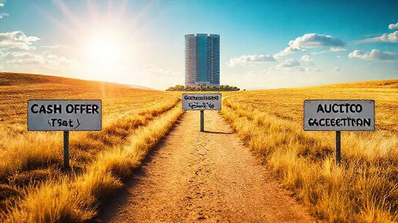 A photorealistic image depicting three distinct paths diverging in a sun-drenched landscape, each path clearly marked with signs: 'Cash Offer (Fast)', 'Traditional Sale (Max Value)', 'Auction (Quick & Competitive)'. The paths converge towards a distant, modern financial building, symbolizing successful capital reallocation. Professional photography, 8K, cinematic lighting, sharp focus, depth of field.