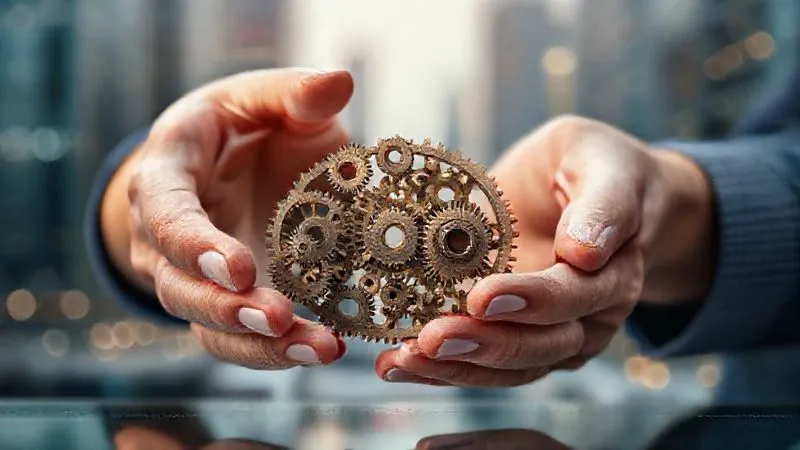 A photorealistic, professional photography, 8K, cinematic lighting, sharp focus, depth of field, shot on a high-end DSLR, of hands meticulously placing small, intricate gears into a larger, complex financial mechanism, symbolizing strategic capital reallocation and optimized portfolio growth. The background is a blurred, dynamic cityscape.
