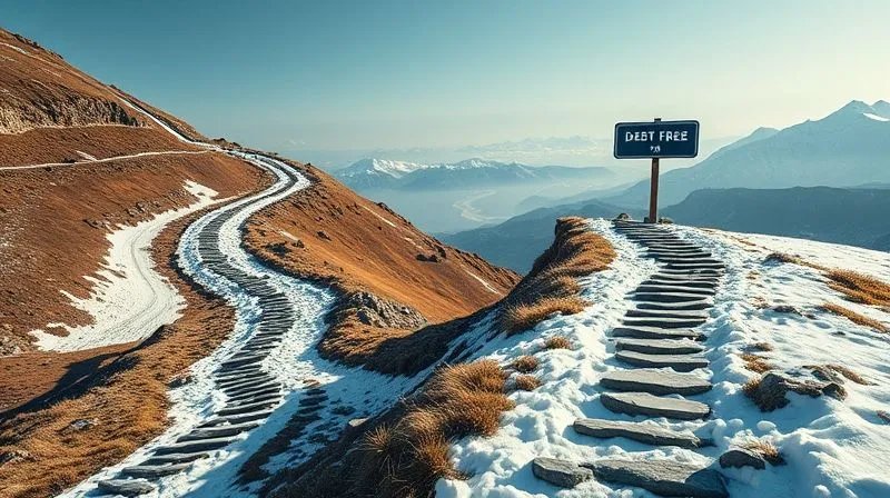 photorealistic, professional photography, 8K, cinematic lighting, sharp focus, depth of field, shot on a high-end DSLR. A clear visual metaphor comparing two paths: one path is steep and winding but leads directly to a large 'debt-free' sign with fewer obstacles (Avalanche), while the other is less steep initially but has more small 'debt paid' milestones along the way (Snowball). Both paths converge at the same 'financial freedom' destination. The scene should be modern, clean, and inspiring.