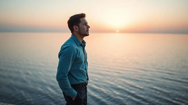 photorealistic, professional photography, 8K, cinematic lighting, sharp focus, depth of field, shot on a high-end DSLR. A professional (male or female) standing at the edge of a vast, calm lake at sunrise, looking out at the horizon with a serene and confident expression. The water is still, reflecting the soft, warm light, symbolizing mental clarity and peace after overcoming a challenge. The individual's posture is relaxed but strong, conveying empowerment and freedom from stress. No specific office elements, more natural and reflective.