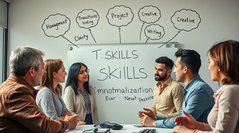photorealistic, professional photography, 8K, cinematic lighting, sharp focus, depth of field, shot on a high-end DSLR. A diverse group of professionals engaged in a dynamic brainstorming session around a whiteboard, with thought bubbles above their heads filled with various skills (e.g., 'Project Management', 'Data Analysis', 'Creative Writing', 'Client Relations'). The atmosphere is collaborative and innovative, emphasizing the identification and monetization of transferable skills. Bright, natural light illuminates the scene, conveying clarity and potential.