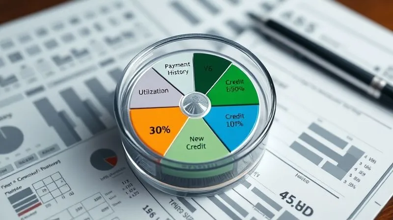 A photorealistic, professional photography, 8K, cinematic lighting, sharp focus, depth of field, shot on a high-end DSLR. A complex, transparent 3D pie chart visually breaking down the components of a FICO credit score, with each slice clearly labeled: Payment History (35%), Credit Utilization (30%), Length of Credit History (15%), New Credit (10%), and Credit Mix (10%). The chart should have a futuristic, data-driven aesthetic, set against a blurred background of financial documents.
