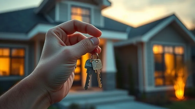 A photorealistic, professional photography, 8K, cinematic lighting, sharp focus, depth of field, shot on a high-end DSLR. A person's hand confidently holds a set of shiny house keys against a softly blurred background of a modern, inviting home exterior at sunset. The light is warm and golden, evoking feelings of accomplishment, security, and the successful realization of a dream.