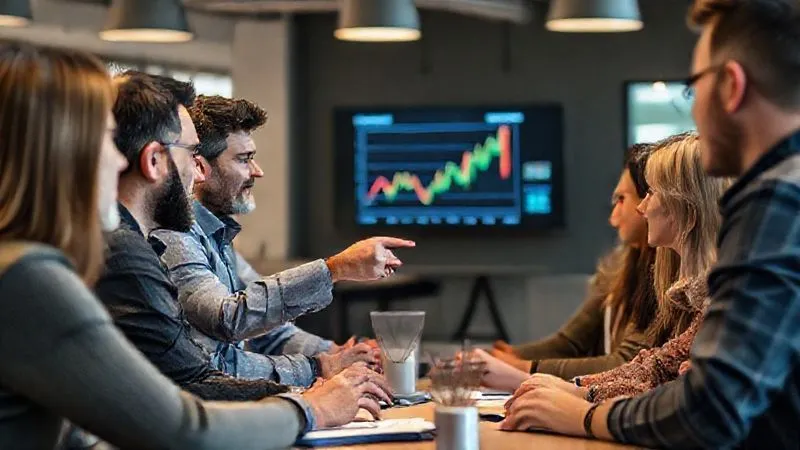 photorealistic, professional photography, 8K, cinematic lighting, sharp focus, depth of field, shot on a high-end DSLR, a diverse group of people (male and female, various ages) in a modern co-working space, engaged in a supportive discussion, one person pointing at a financial chart on a screen, symbolizing community support and professional guidance during financial recovery.
