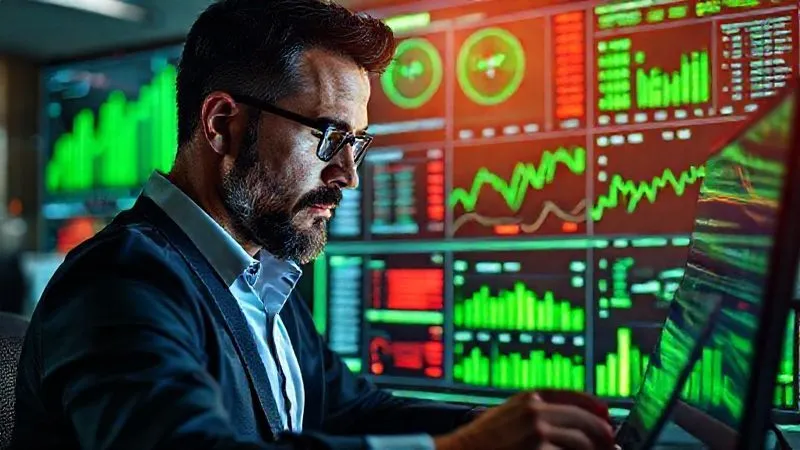 A photorealistic image of a business owner intently analyzing a complex digital financial dashboard, showing various charts and figures in shades of green and red, reflecting a detailed financial audit. The screen glows with data, sharp focus on the analytical process, cinematic lighting highlighting concentration, depth of field blurring the office background, 8K hyper-detailed.
