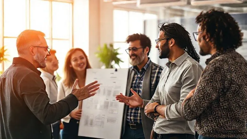 A photorealistic image of a diverse group of entrepreneurs in a modern, sunlit co-working space, engaged in a vibrant discussion, sharing ideas and offering support. One person is gesturing towards a whiteboard with a financial plan, symbolizing collaboration and expert guidance. Cinematic lighting, sharp focus on the group interaction, depth of field blurring the background, 8K hyper-detailed.