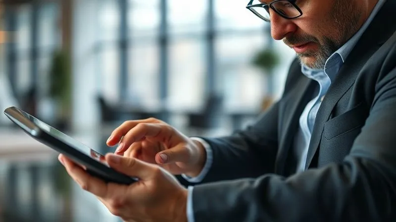 A close-up of a business owner meticulously analyzing financial statements on a tablet, with a focused and determined expression. The background is a slightly blurred modern office space, conveying a sense of urgency and strategic planning. Professional photography, 8K, cinematic lighting, sharp focus on the tablet and hands, depth of field, shot on a high-end DSLR.