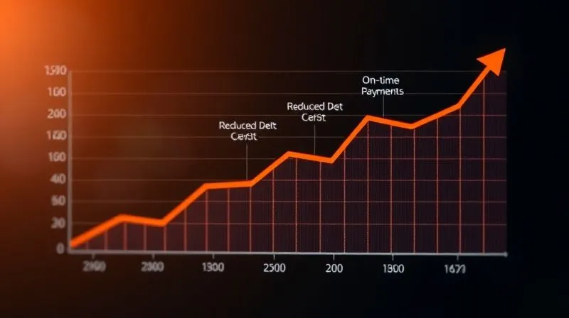 A dynamic line graph showing a credit score steadily increasing over time, starting from a low point and rising towards a high, with positive financial habits (e.g., 'On-time Payments', 'Reduced Debt') depicted as forces pushing it upwards. Photorealistic, professional photography, 8K, cinematic lighting, sharp focus on the graph, depth of field blurring the background, shot on a high-end DSLR, symbolizing financial recovery and growth.