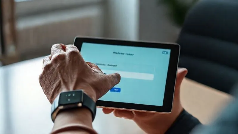 A photorealistic, professional photography shot of a person's hands, with a modern smartwatch on one wrist, setting up an automated bank transfer on a sleek tablet. The screen clearly shows a 'transfer to savings' option with an increasing balance. The background is a softly blurred, minimalist office environment. 8K, cinematic lighting, sharp focus on the hands and tablet, depth of field. Shot on a high-end DSLR.