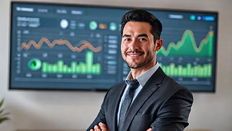 A photorealistic, professional photography shot of a confident and calm professional, smartly dressed, standing in front of a clean, minimalist financial dashboard displayed on a large monitor, showing healthy savings and investment graphs. The professional has a subtle smile, symbolizing financial control and stability. 8K, cinematic lighting, sharp focus on the professional and the screen, depth of field. Shot on a high-end DSLR.