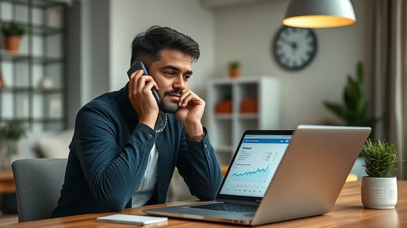 A photorealistic image of a person confidently speaking on a phone, with a laptop displaying a credit report in the background. The setting is a modern, clean home office. Professional photography, 8K, cinematic lighting, sharp focus, depth of field, shot on a high-end DSLR.