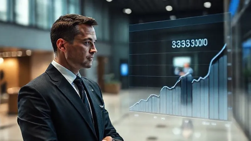 A photorealistic image of a professional, dressed in a suit, intently looking at a digital display showing a quickly rising credit score graph, with a blurred background of a modern bank lobby and a handshake happening in the distance, cinematic lighting, sharp focus on the graph and the professional's face, depth of field, 8K hyper-detailed.
