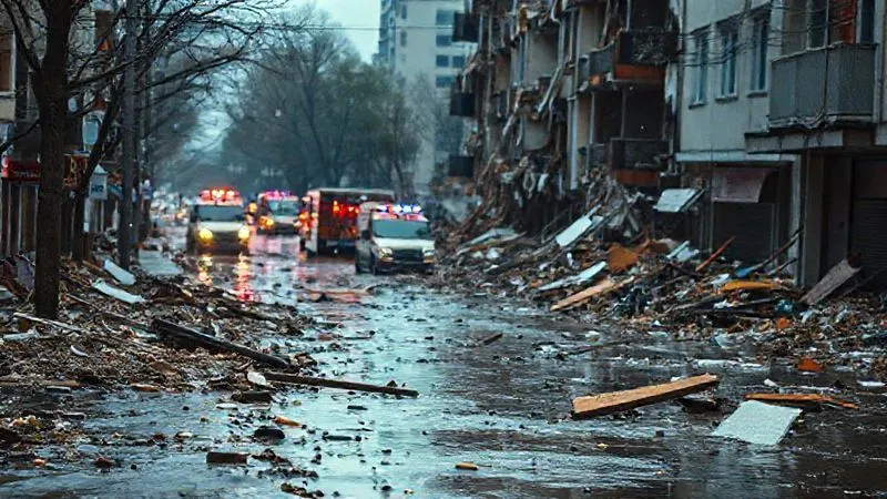 Photorealistic image depicting the aftermath of a severe natural disaster, such as a flooded street with debris, or a partially collapsed building. The scene conveys a sense of widespread chaos and devastation, with emergency services vehicles in the background. Cinematic lighting, sharp focus on the immediate damage, depth of field blurring distant elements. Shot on a high-end DSLR, 8K hyper-detailed, no people visible.