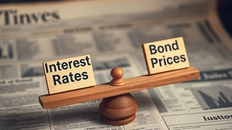 A photorealistic image of a vintage wooden seesaw with one side labeled 'Interest Rates' going up and the other side labeled 'Bond Prices' going down, balanced on a fulcrum. The background is a subtly blurred financial newspaper, cinematic lighting, sharp focus on the seesaw, depth of field, 8K hyper-detailed, shot on a high-end DSLR.