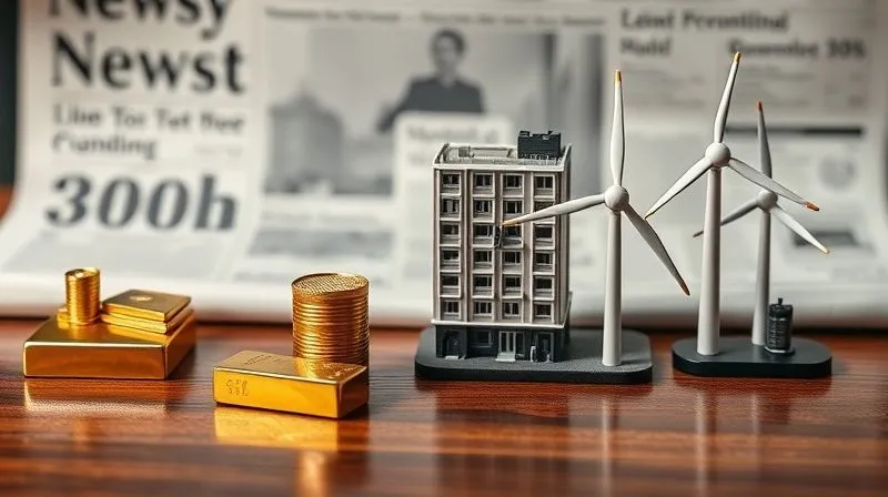 A photorealistic image of a diverse array of real assets: a miniature gold bar, a small oil barrel, a model of a modern apartment building, and a miniature wind turbine, all arranged on a polished dark wood table. The background is a blurred financial newspaper, cinematic lighting, sharp focus on the objects, depth of field, 8K hyper-detailed, shot on a high-end DSLR.