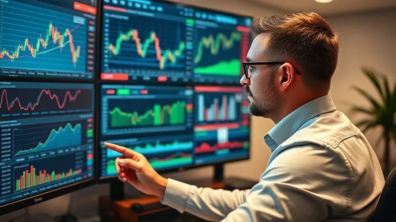 A photorealistic image of a professional investor, dressed in business casual, intently reviewing a large, multi-screen financial dashboard displaying various charts, graphs, and market data. One hand is holding a stylus, pointing at a particular trend line. The setting is a modern, well-lit home office, conveying focus and strategic planning. Cinematic lighting, sharp focus on the investor and screens, depth of field, 8K hyper-detailed, shot on a high-end DSLR.
