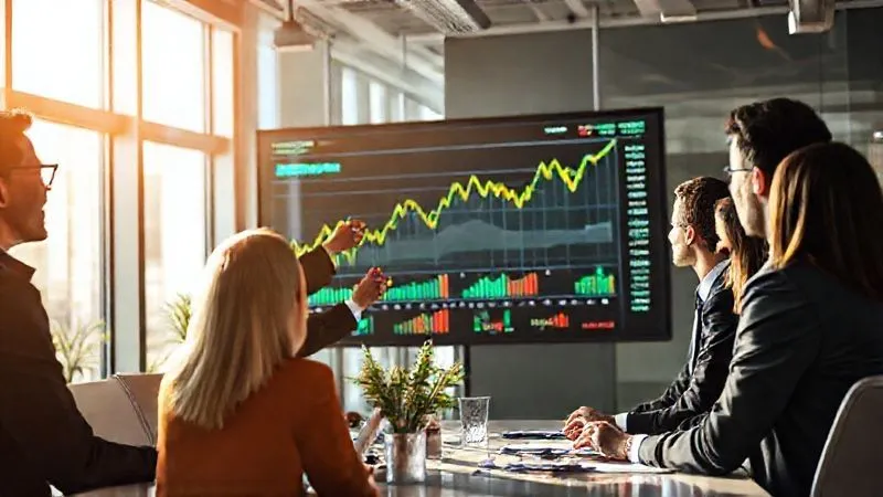 Photorealistic, professional photography, 8K, cinematic lighting, sharp focus, depth of field, shot on a high-end DSLR. A diverse group of business professionals in a modern, sunlit office, engaged in a strategic discussion around a large screen displaying stock charts and company logos. One person points to a chart showing a strong upward trend for a specific sector. The atmosphere is collaborative and focused on identifying growth opportunities. The lighting is bright and optimistic.