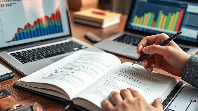 A photorealistic image of a detailed financial planner's desk, with a laptop displaying a balanced portfolio graph, a physical notebook open to a rebalancing strategy, and a hand holding a pen, symbolizing careful, planned financial management. Cinematic lighting, 8K, sharp focus, depth of field, professional setting.