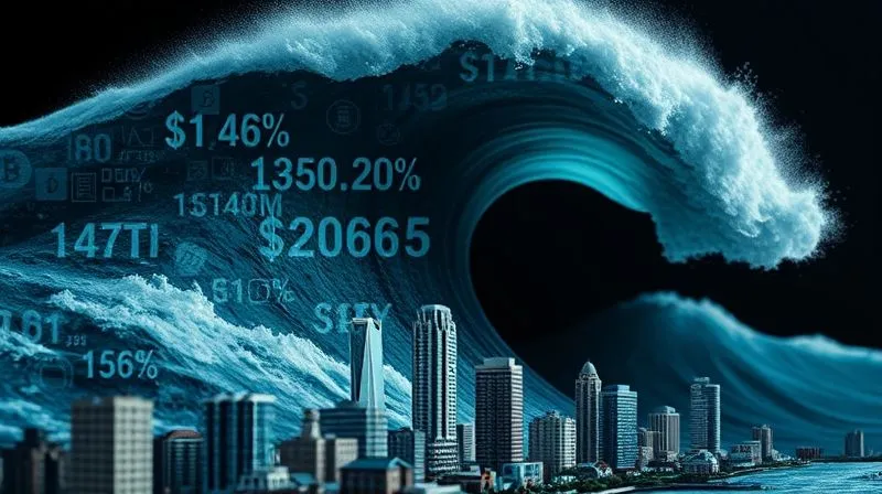 photorealistic, professional photography, 8K, cinematic lighting, sharp focus, depth of field, shot on a high-end DSLR. A towering wave of abstract digital currency symbols and financial charts crashing over a miniature cityscape, with a subtle erosion effect visible on the buildings. The wave is dark and powerful, symbolizing a global inflationary tsunami impacting economies.