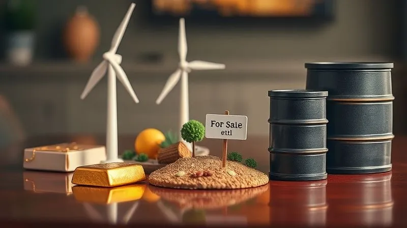 photorealistic, professional photography, 8K, cinematic lighting, sharp focus, depth of field, shot on a high-end DSLR. A diverse collection of physical assets arranged on a polished table: a gold bar, a miniature model of a wind turbine, a small parcel of land with a 'For Sale' sign, and a barrel representing oil. Rich, warm lighting highlights their tangible nature, symbolizing real assets as inflation hedges.